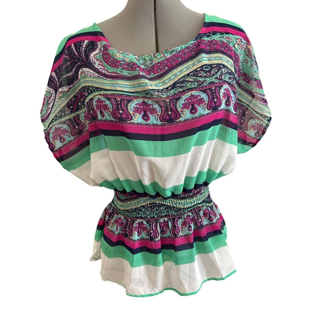 Womens Connection 18 Paisley Print Top M Multicolor Smocked Waist Short Sleeve